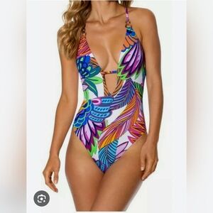 Trina Turk Blue and Green One Piece Swimsuit with Plunging V-Neck Sz 10
